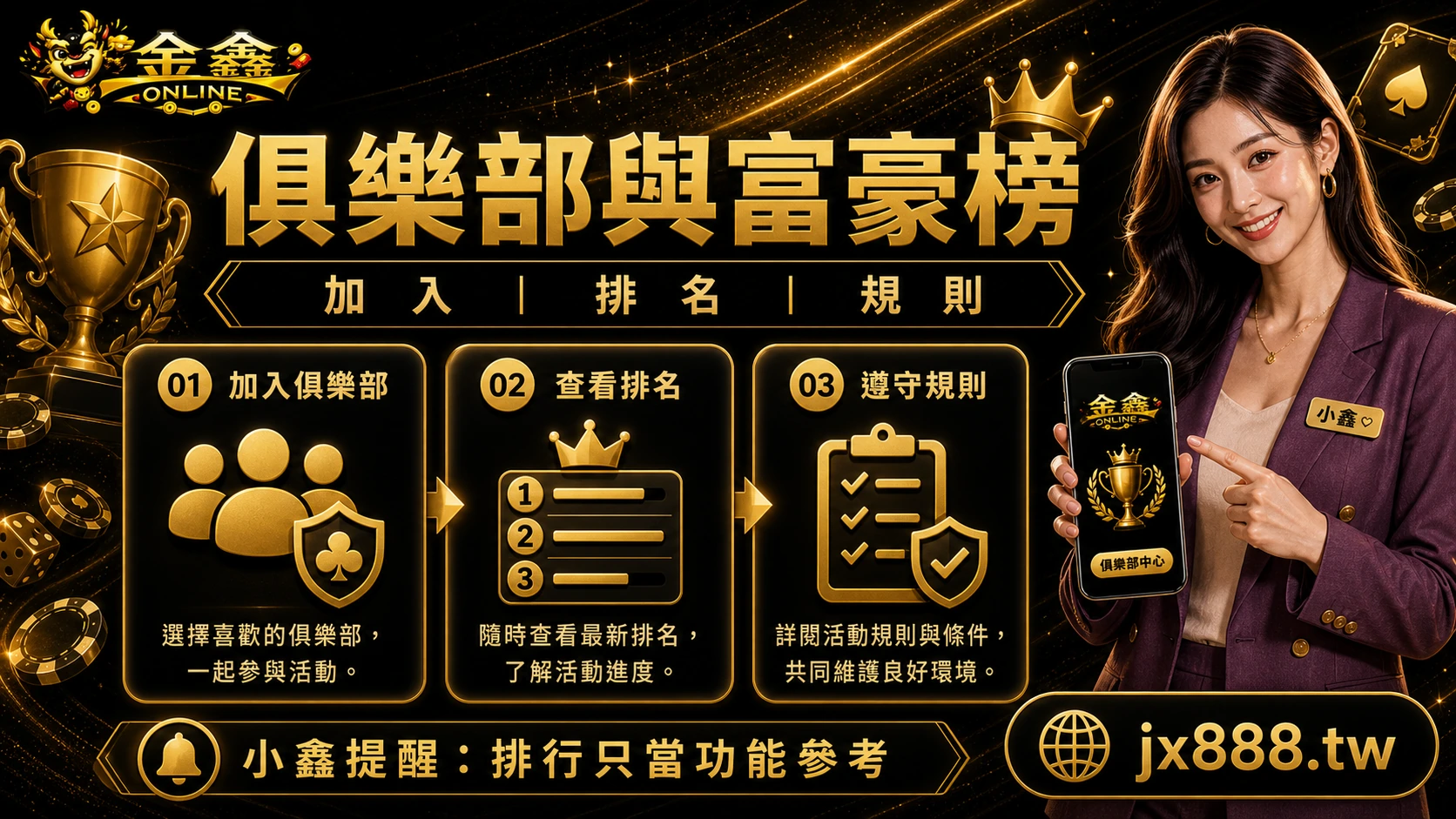 金鑫俱樂部與富豪榜功能，加入俱樂部、查看排名與遵守規則